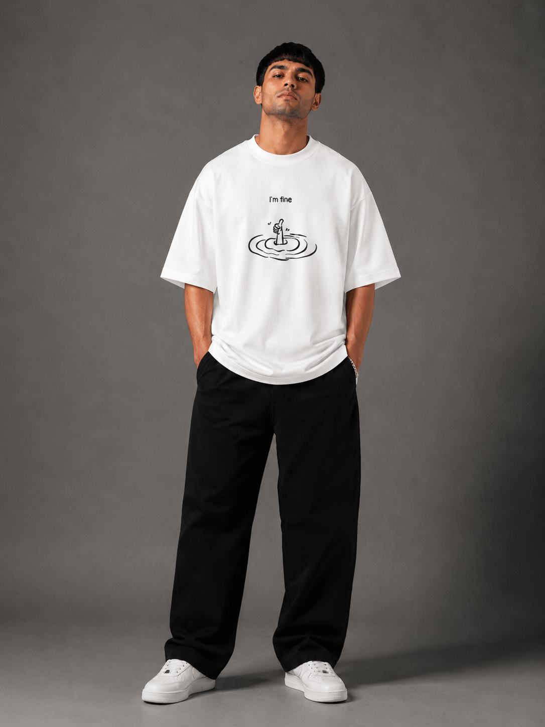 Zellee "I'm Fine" Line-Stitch Relaxed Fit Oversized T-Shirt