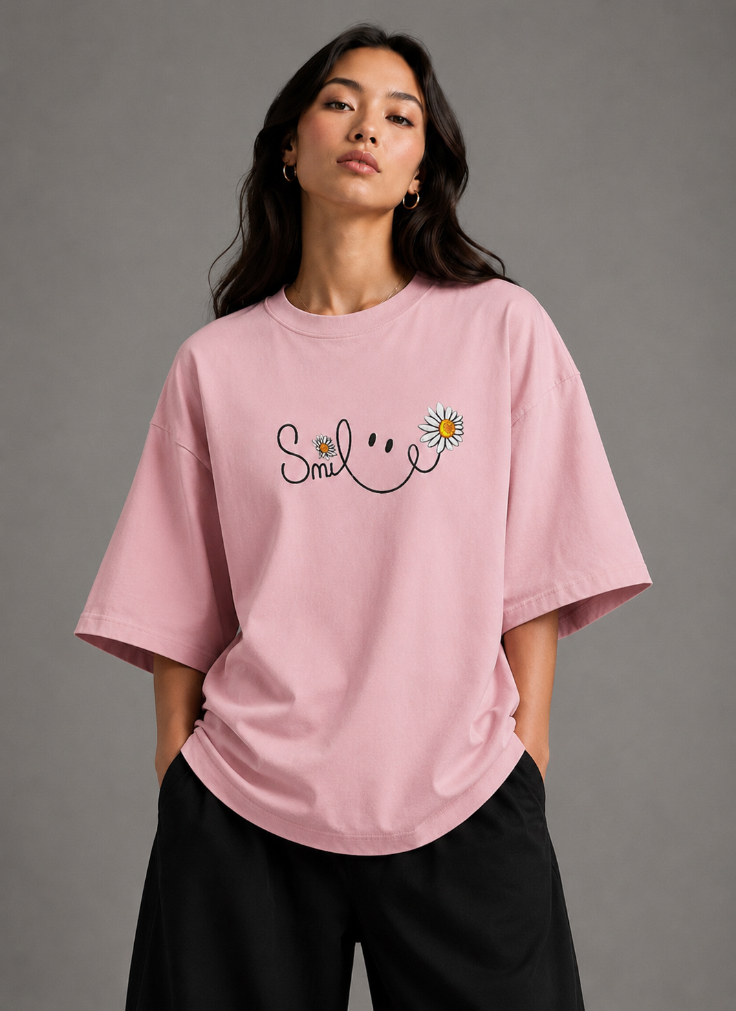 Zellee "Floral Smile" Line-Stitch Relaxed Fit Oversized T-Shirt