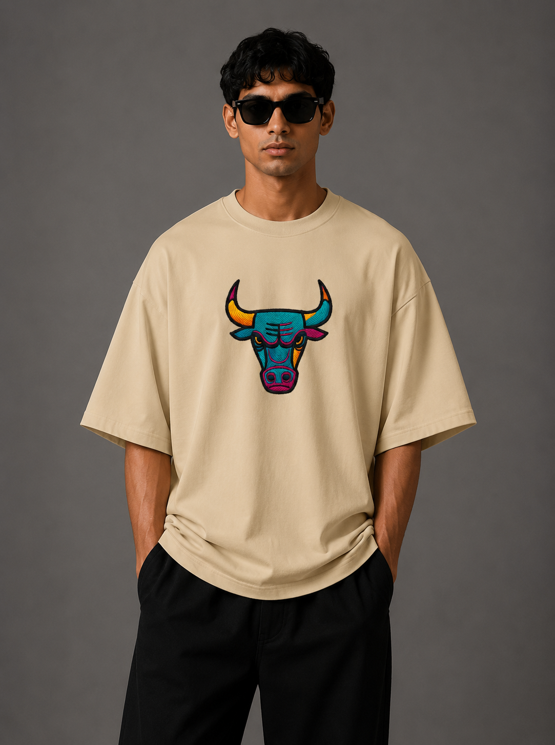 Zellee "Neon Bull" Multi-Stitch Relaxed Fit Oversized T-Shirt