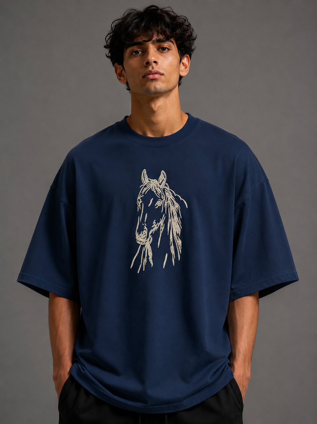 Zellee "Ink-Stitch Horse" Heavyweight Oversized Relaxed Fit T-Shirt