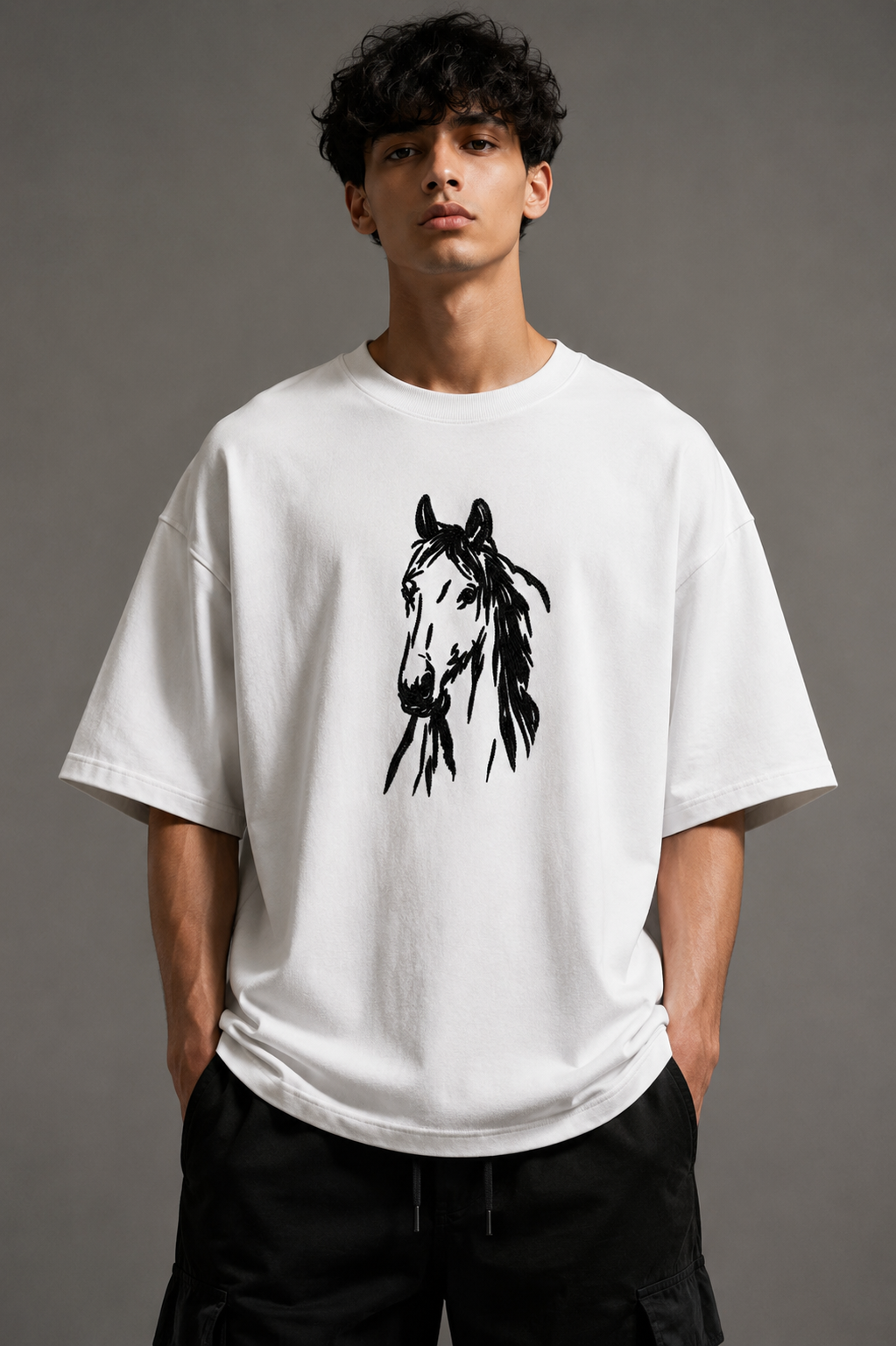 Zellee "Ink-Stitch Horse" Heavyweight Oversized Relaxed Fit T-Shirt