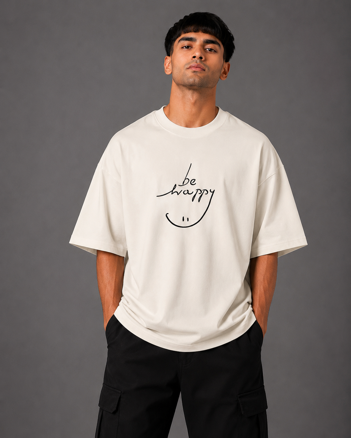 Zellee "Always Smile" Line-Stitch Relaxed Fit Oversized T-Shirt