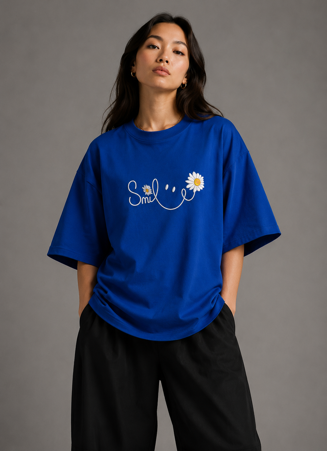 Zellee "Floral Smile" Line-Stitch Relaxed Fit Oversized T-Shirt