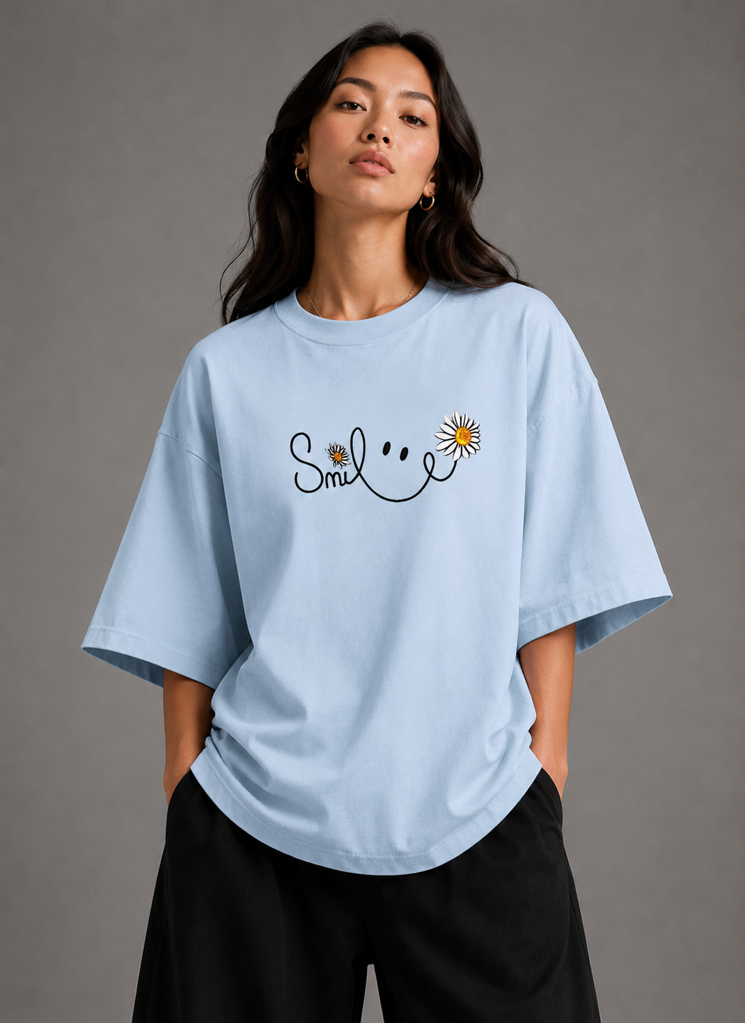 Zellee "Floral Smile" Line-Stitch Relaxed Fit Oversized T-Shirt