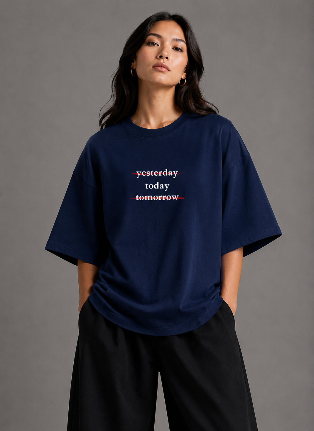 Zellee "Today" Line-Stitch Relaxed Fit Oversized T-Shirt