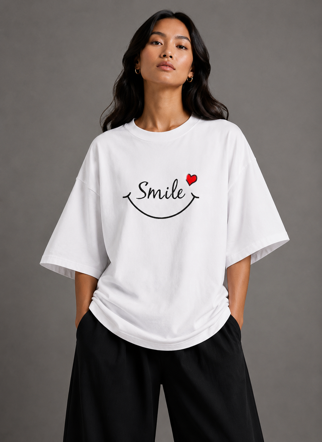 Zellee "Smile Heart" Line-Stitch Relaxed Fit Oversized T-Shirt