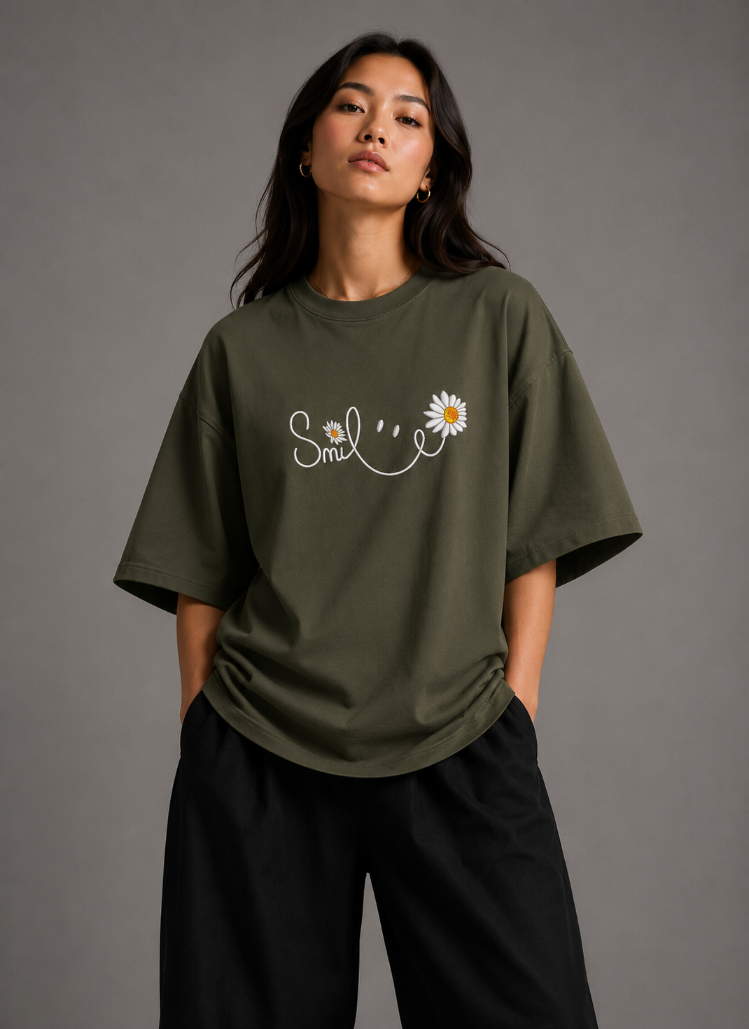 Zellee "Floral Smile" Line-Stitch Relaxed Fit Oversized T-Shirt