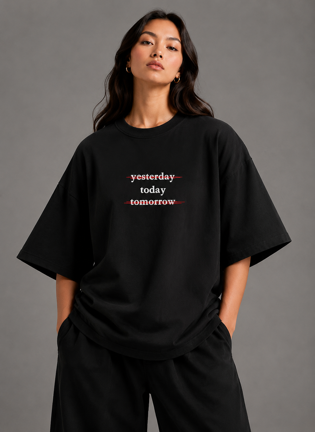 Zellee "Today" Line-Stitch Relaxed Fit Oversized T-Shirt