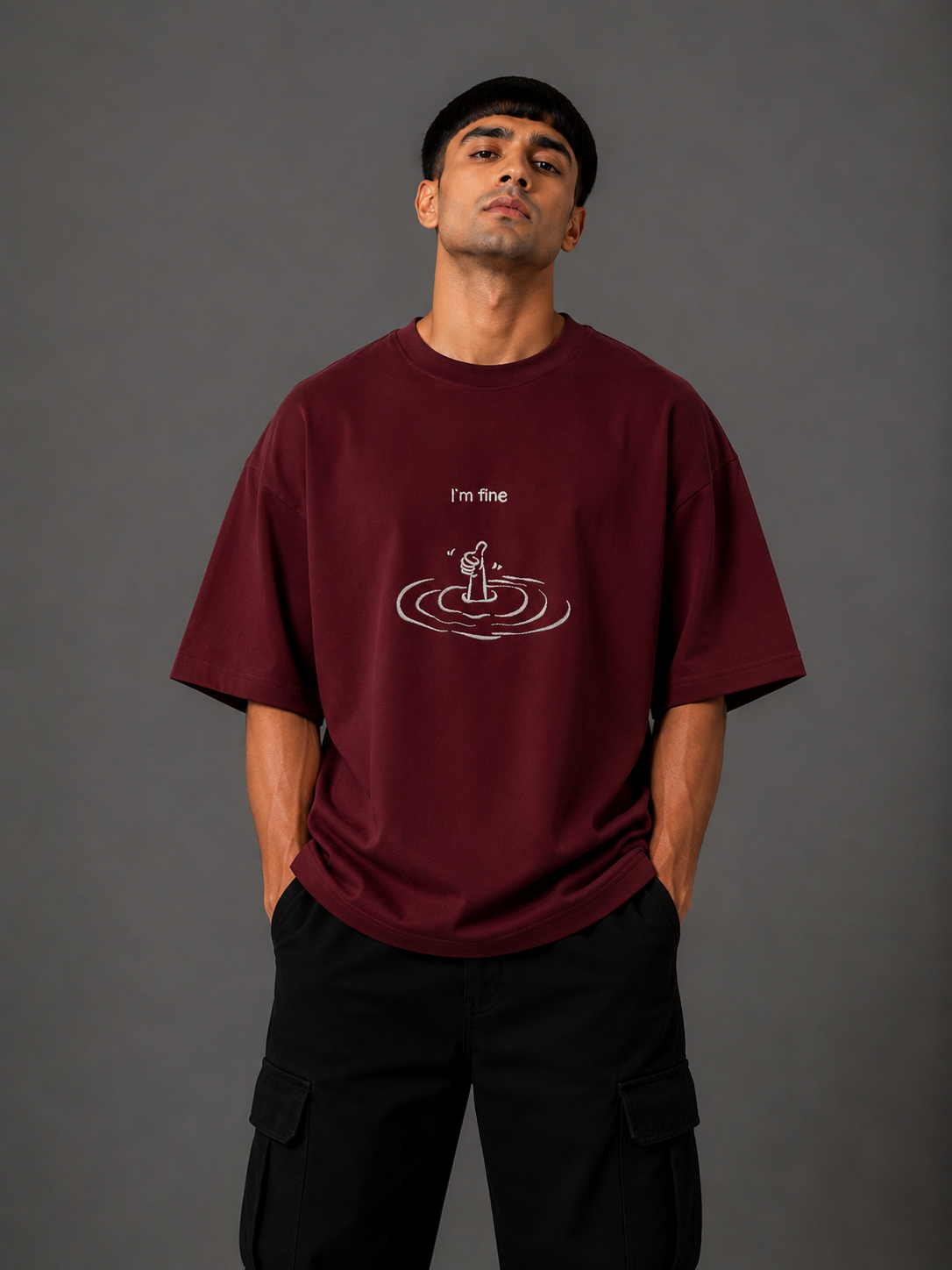 Zellee "I'm Fine" Line-Stitch Relaxed Fit Oversized T-Shirt