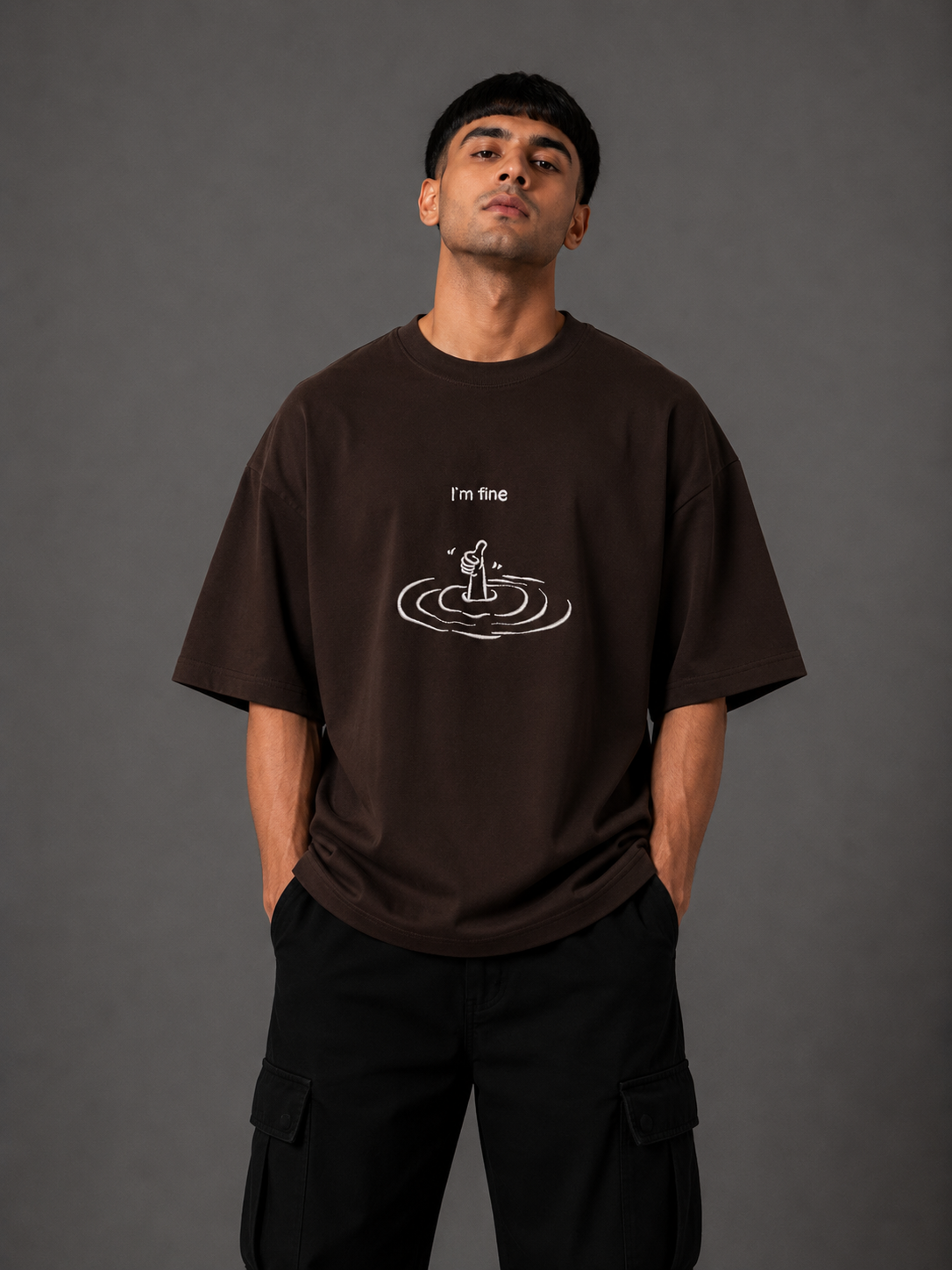 Zellee "I'm Fine" Line-Stitch Relaxed Fit Oversized T-Shirt