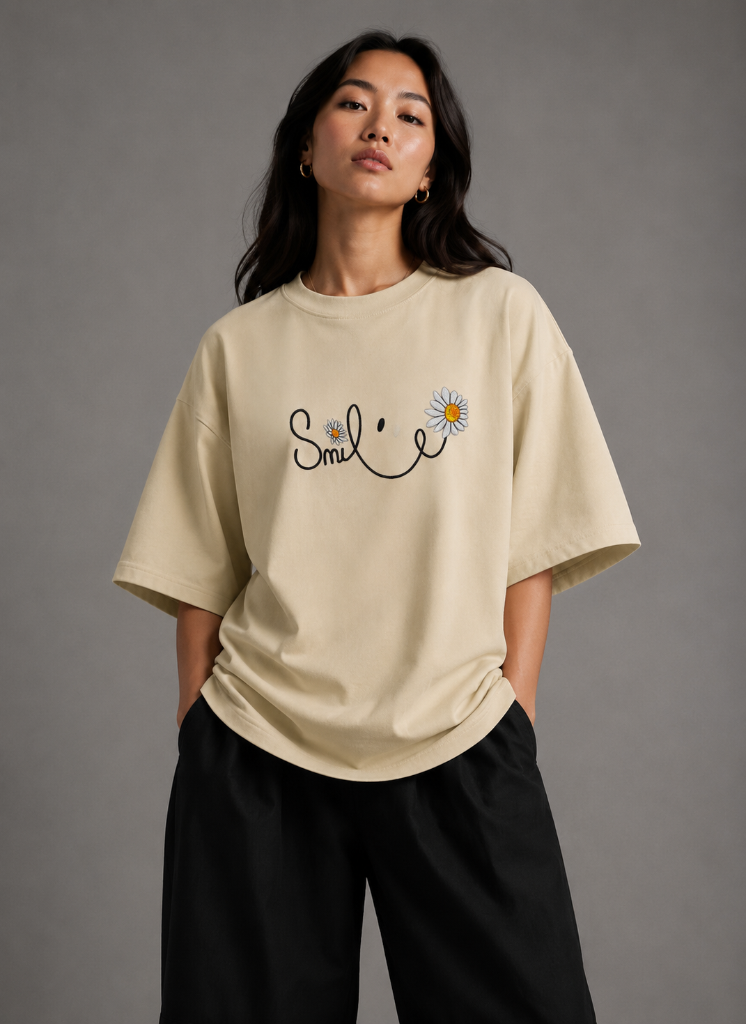 Zellee "Floral Smile" Line-Stitch Relaxed Fit Oversized T-Shirt