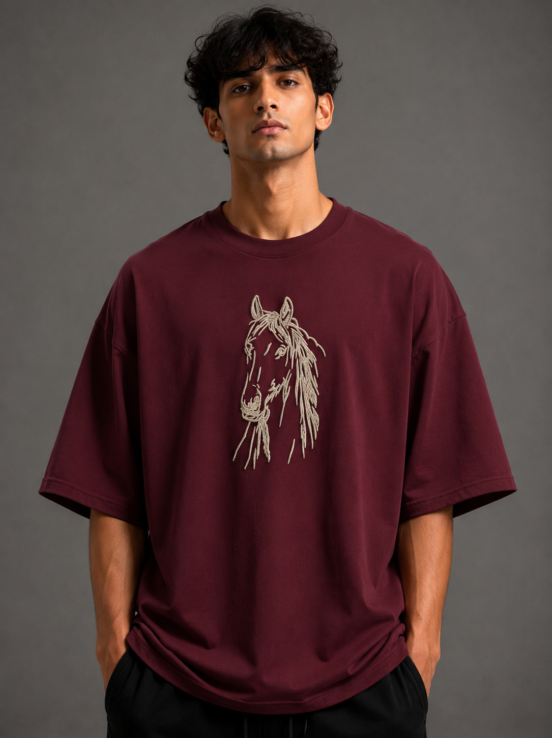 Zellee "Ink-Stitch Horse" Heavyweight Oversized Relaxed Fit T-Shirt