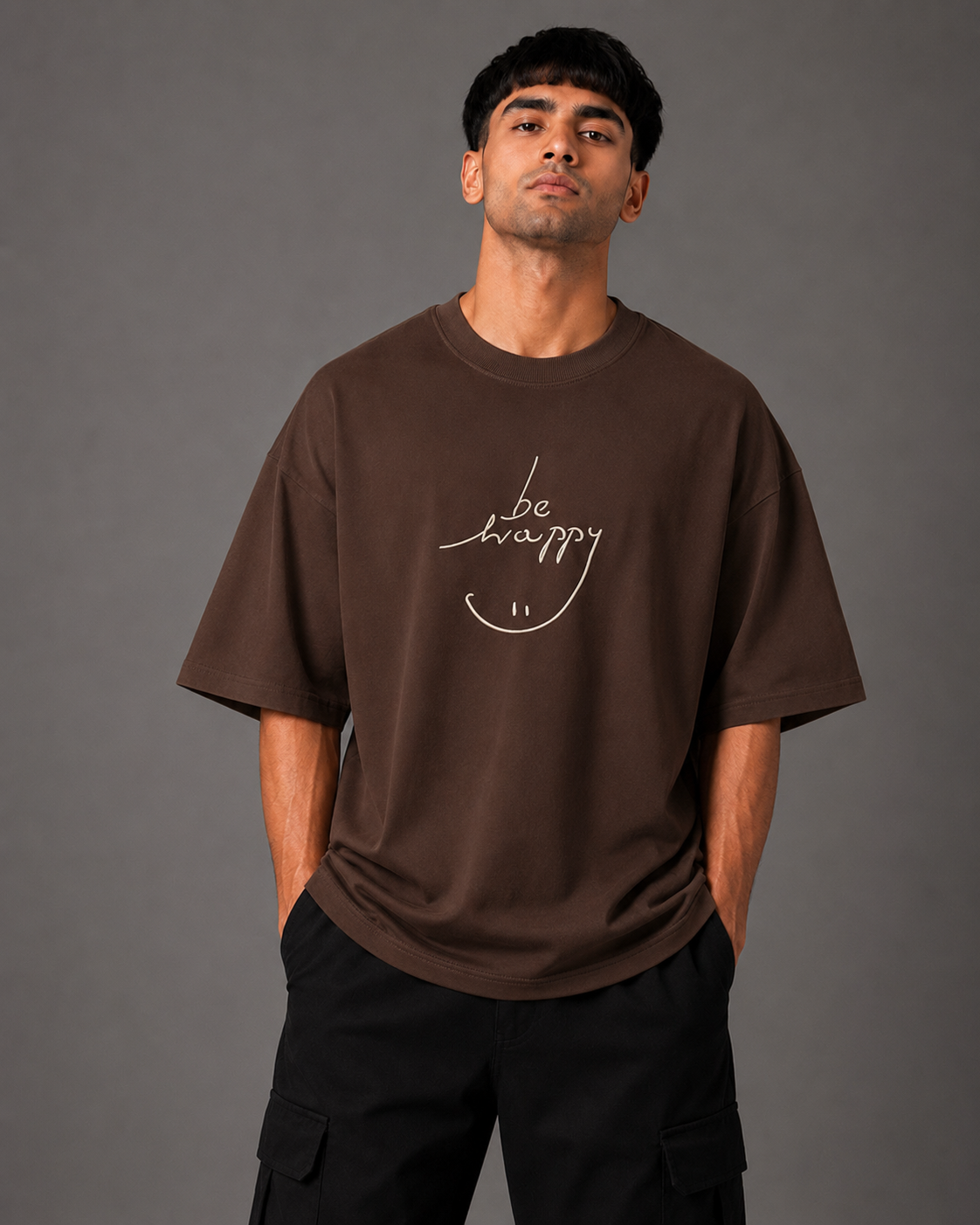 Zellee "Always Smile" Line-Stitch Relaxed Fit Oversized T-Shirt