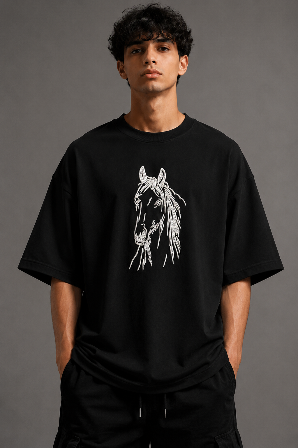 Zellee "Ink-Stitch Horse" Heavyweight Oversized Relaxed Fit T-Shirt