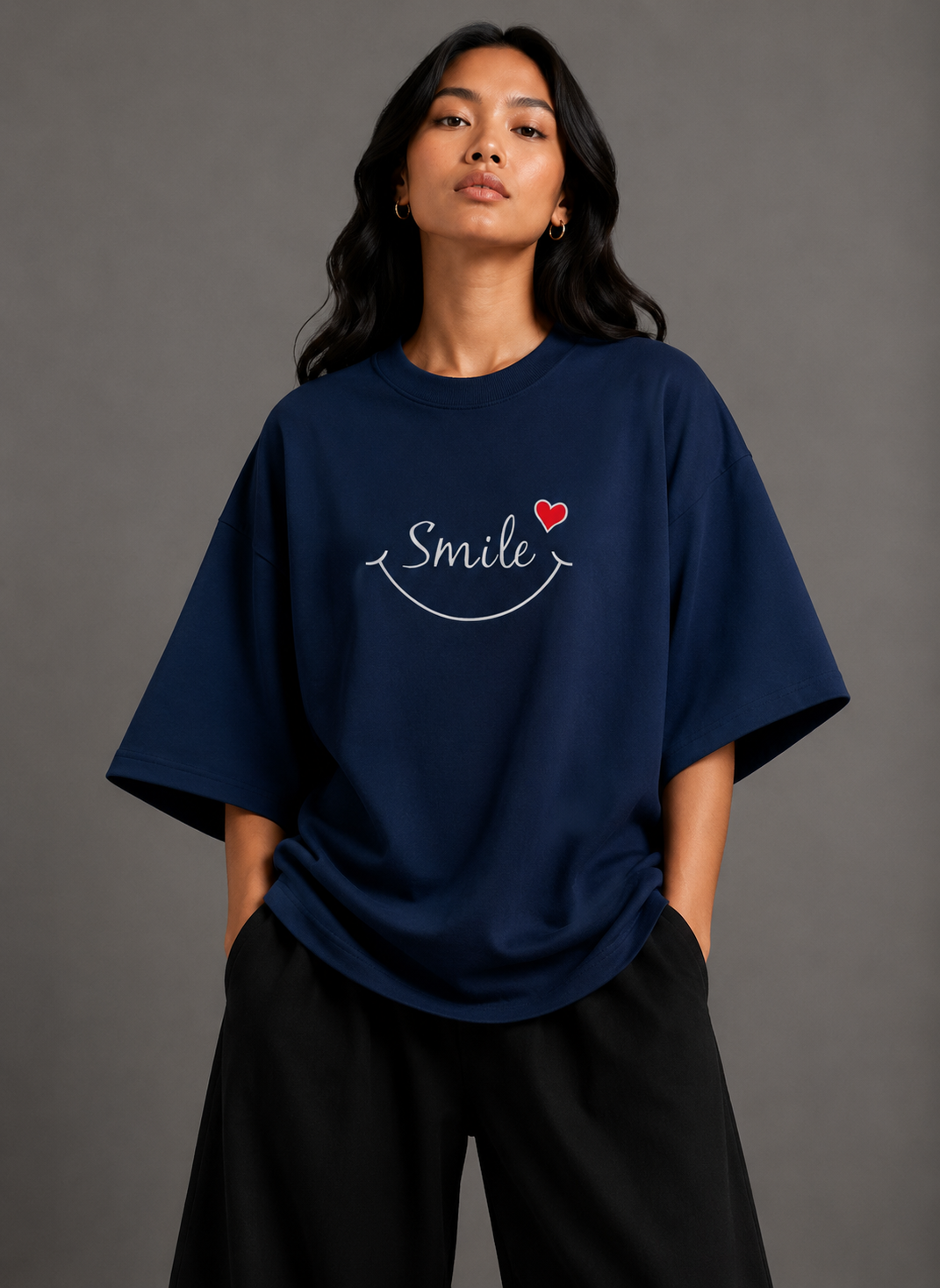 Zellee "Smile Heart" Line-Stitch Relaxed Fit Oversized T-Shirt