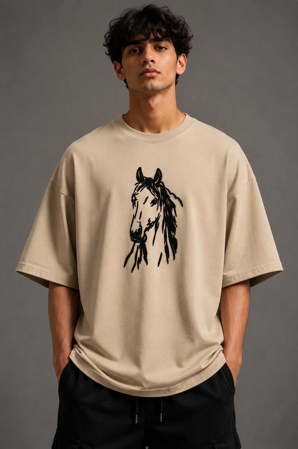 Zellee "Ink-Stitch Horse" Heavyweight Oversized Relaxed Fit T-Shirt