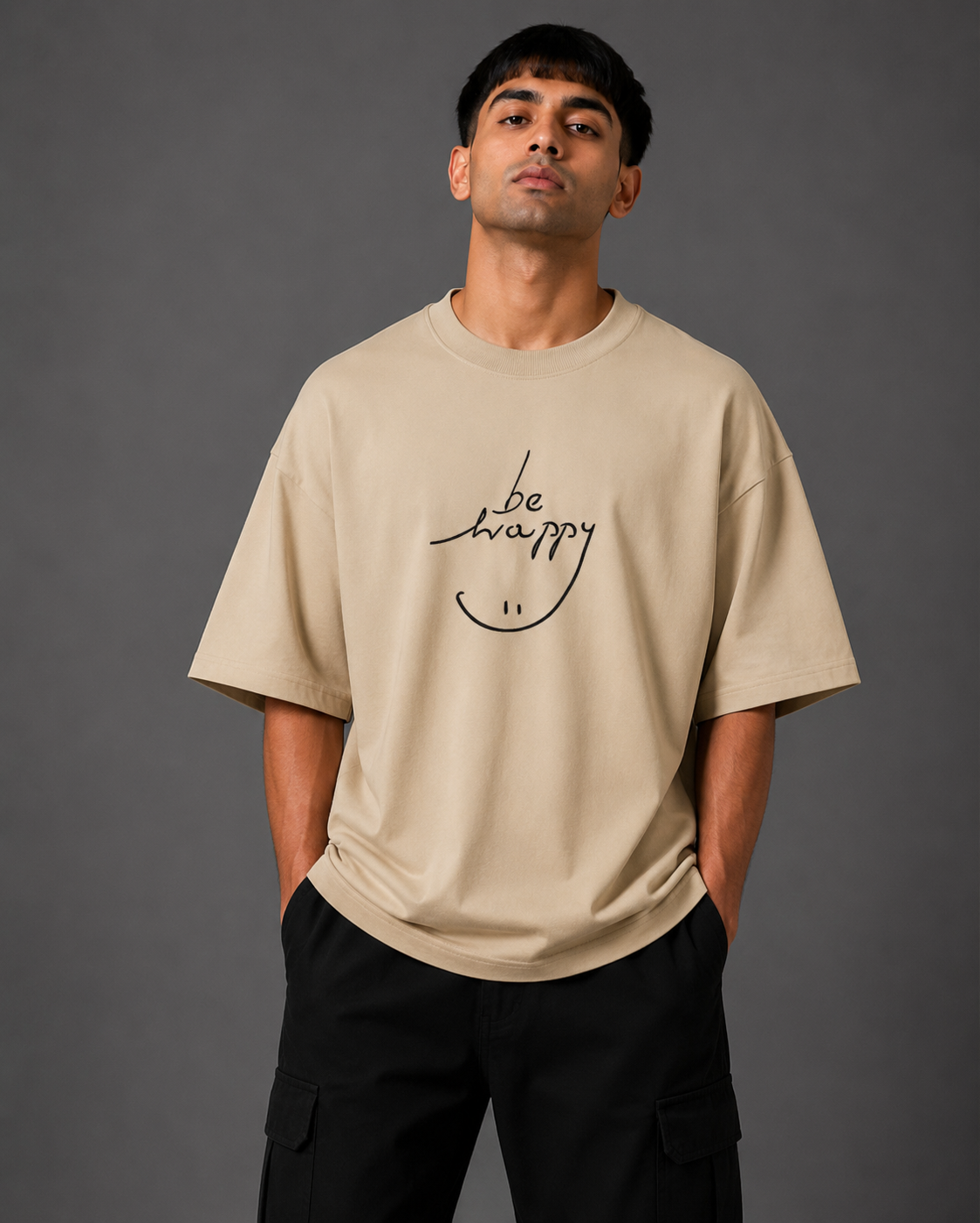 Zellee "Always Smile" Line-Stitch Relaxed Fit Oversized T-Shirt