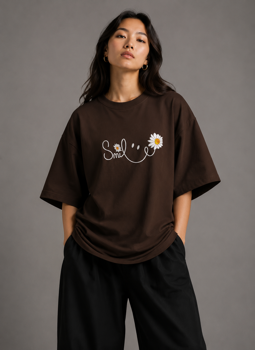Zellee "Floral Smile" Line-Stitch Relaxed Fit Oversized T-Shirt