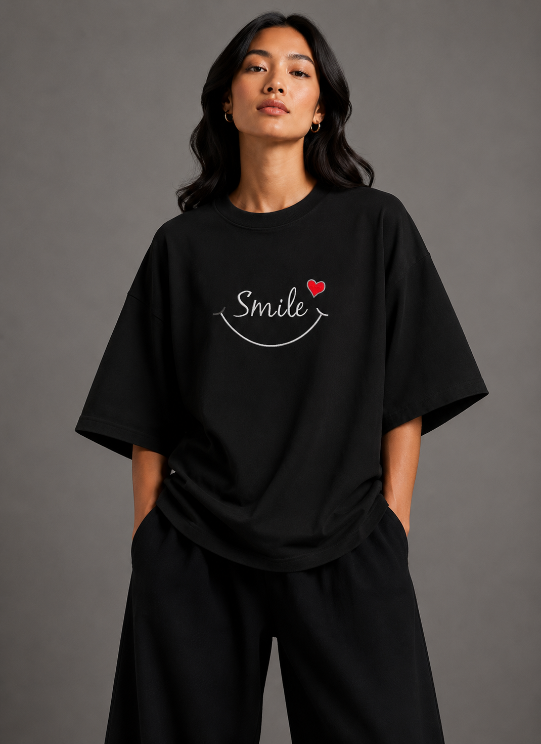 Zellee "Smile Heart" Line-Stitch Relaxed Fit Oversized T-Shirt