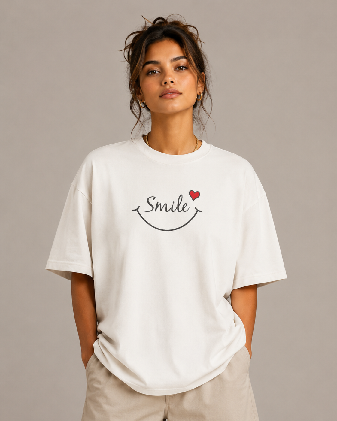Zellee "Smile Heart" Line-Stitch Relaxed Fit Oversized T-Shirt