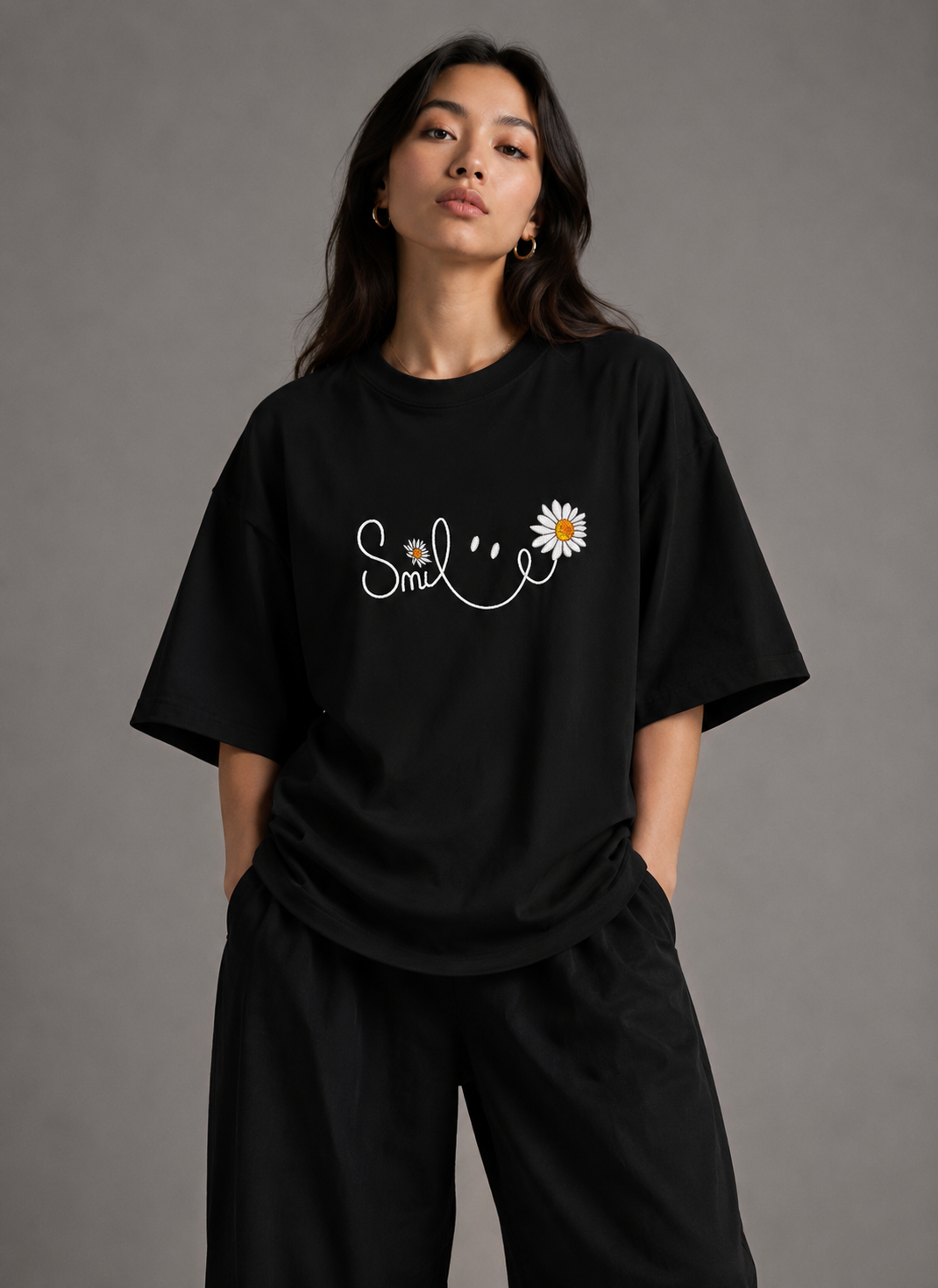 Zellee "Floral Smile" Line-Stitch Relaxed Fit Oversized T-Shirt