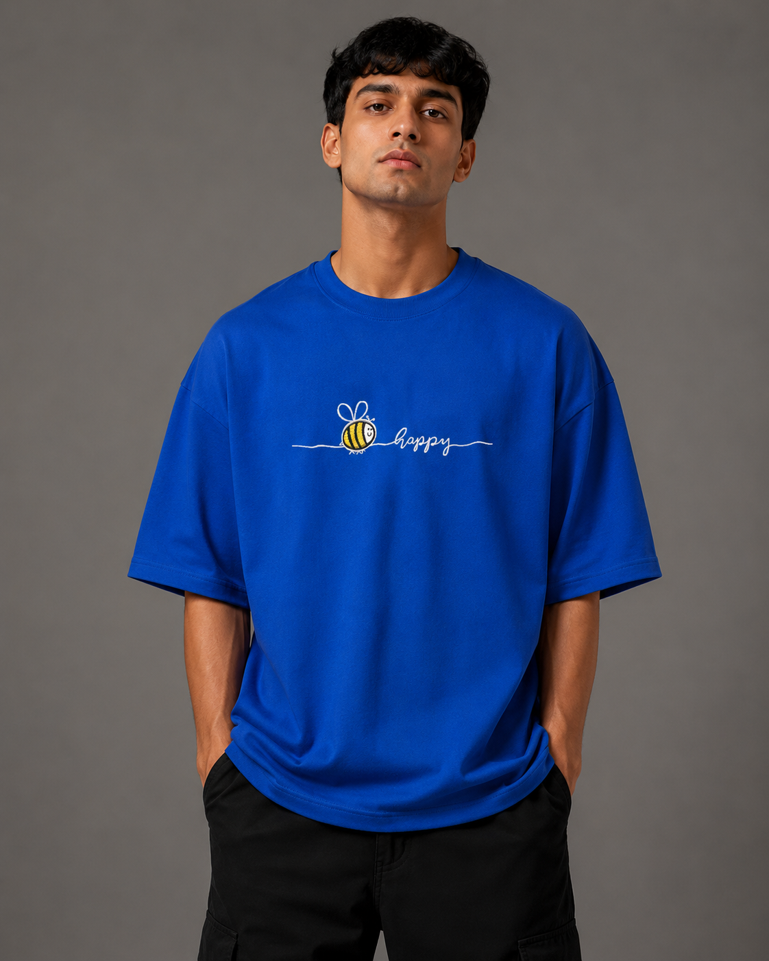 Zellee "Bee Happy" Line-Stitch Relaxed Fit Oversized T-Shirt