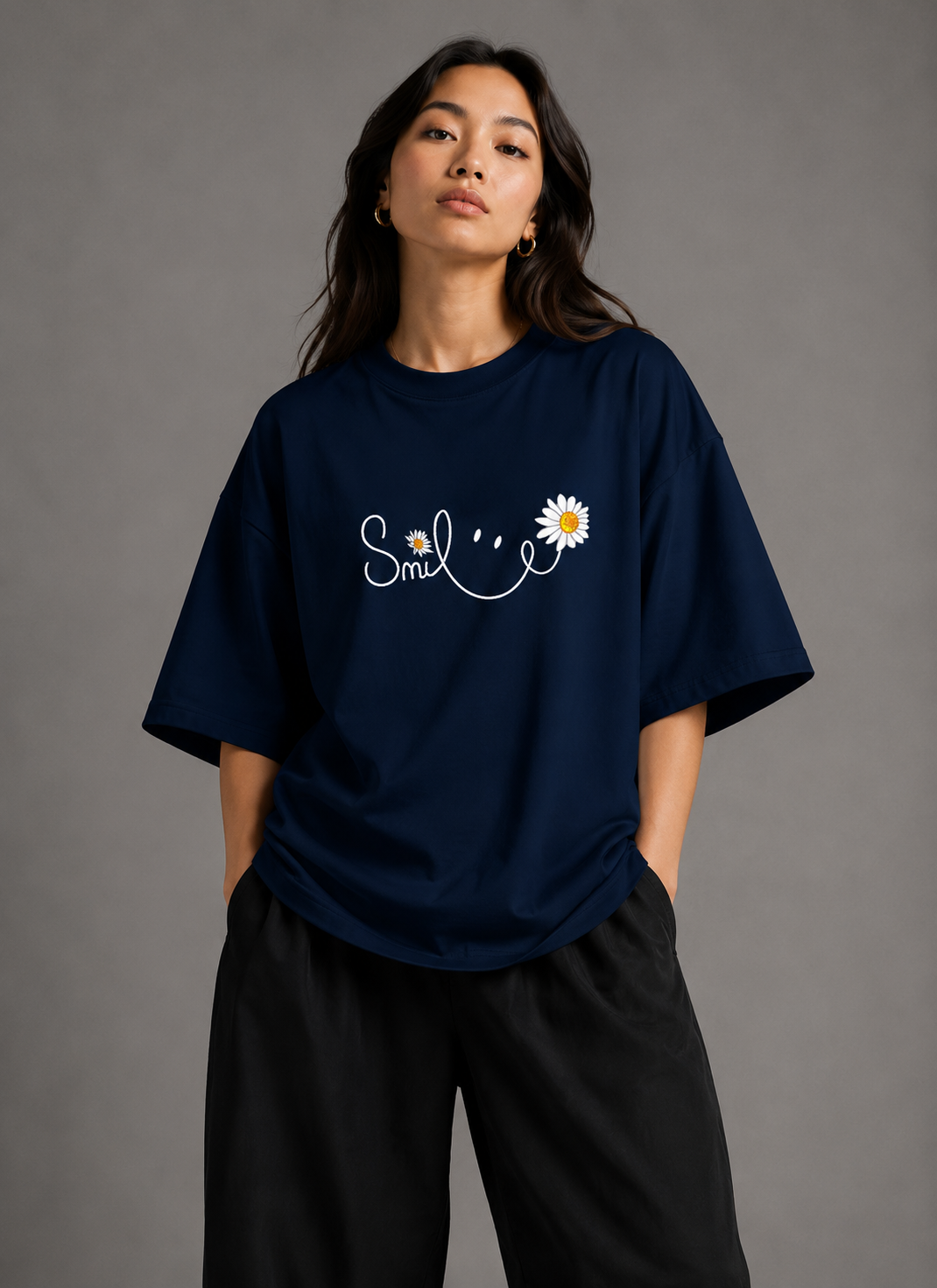 Zellee "Floral Smile" Line-Stitch Relaxed Fit Oversized T-Shirt