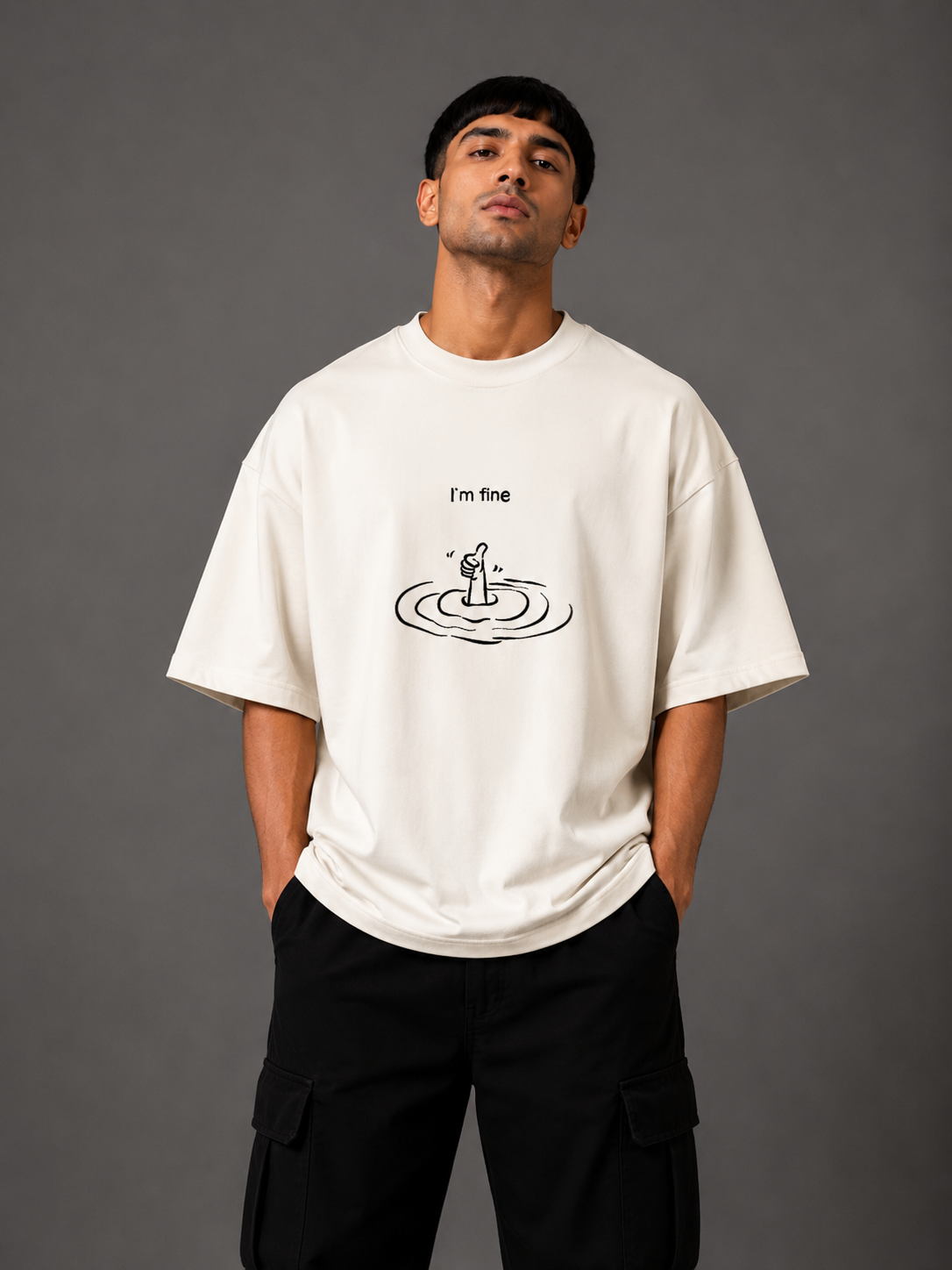 Zellee "I'm Fine" Line-Stitch Relaxed Fit Oversized T-Shirt