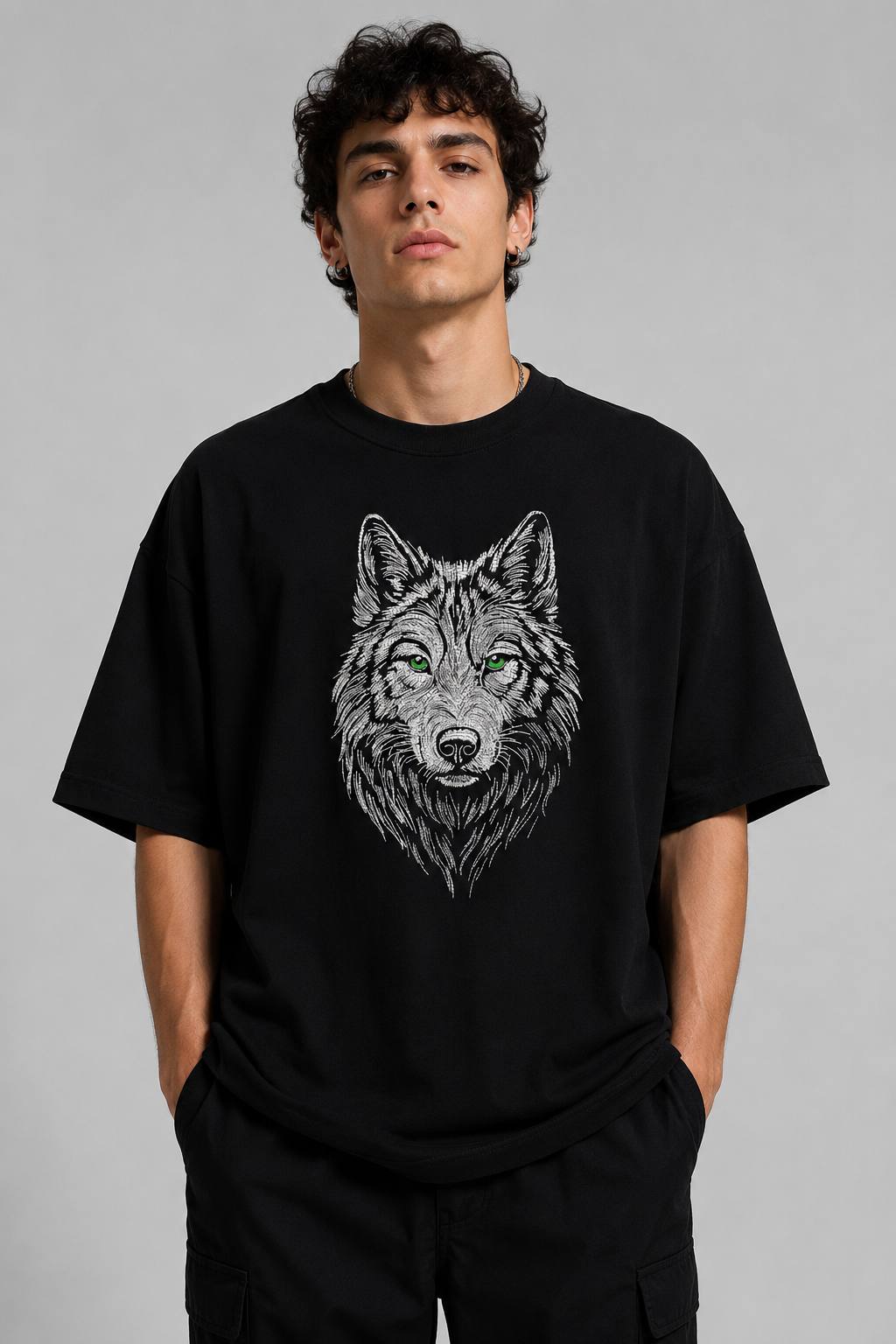 Zellee Premium Green-Eyed Wolf Embroidered Oversized White T-Shirt