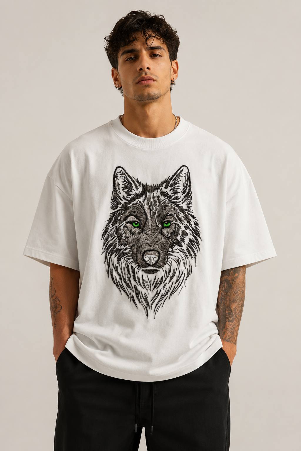 Zellee Premium Green-Eyed Wolf Embroidered Oversized White T-Shirt