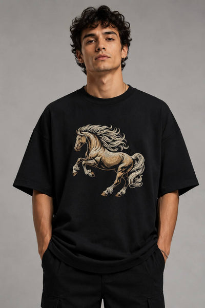 Zellee Premium Oversized Black T-Shirt for Men | Golden Horse Embroidery Design | Heavyweight Cotton Streetwear