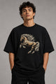Zellee Premium Oversized Black T-Shirt for Men | Golden Horse Embroidery Design | Heavyweight Cotton Streetwear