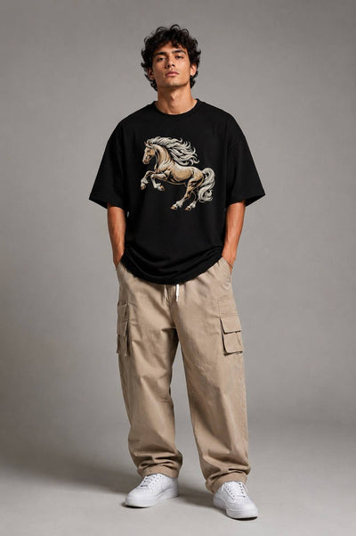 Zellee Premium Oversized Whie T-Shirt for Men | Golden Horse Embroidery Design | Heavyweight Cotton Streetwear
