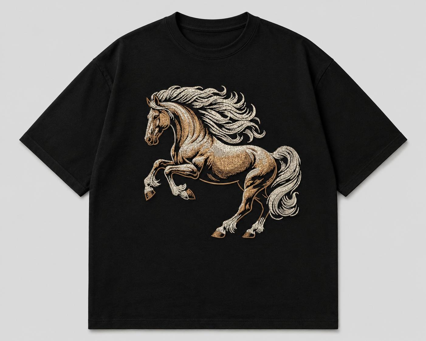 Zellee Premium Oversized Black T-Shirt for Men | Golden Horse Embroidery Design | Heavyweight Cotton Streetwear