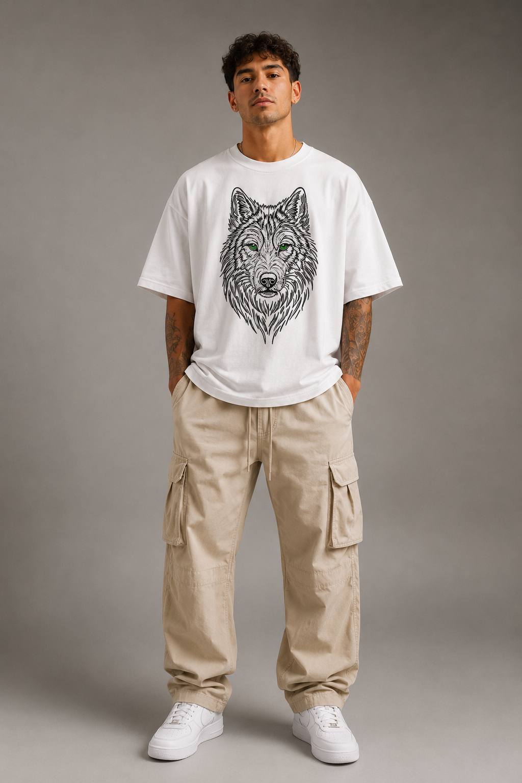 Zellee Premium Green-Eyed Wolf Embroidered Oversized White T-Shirt