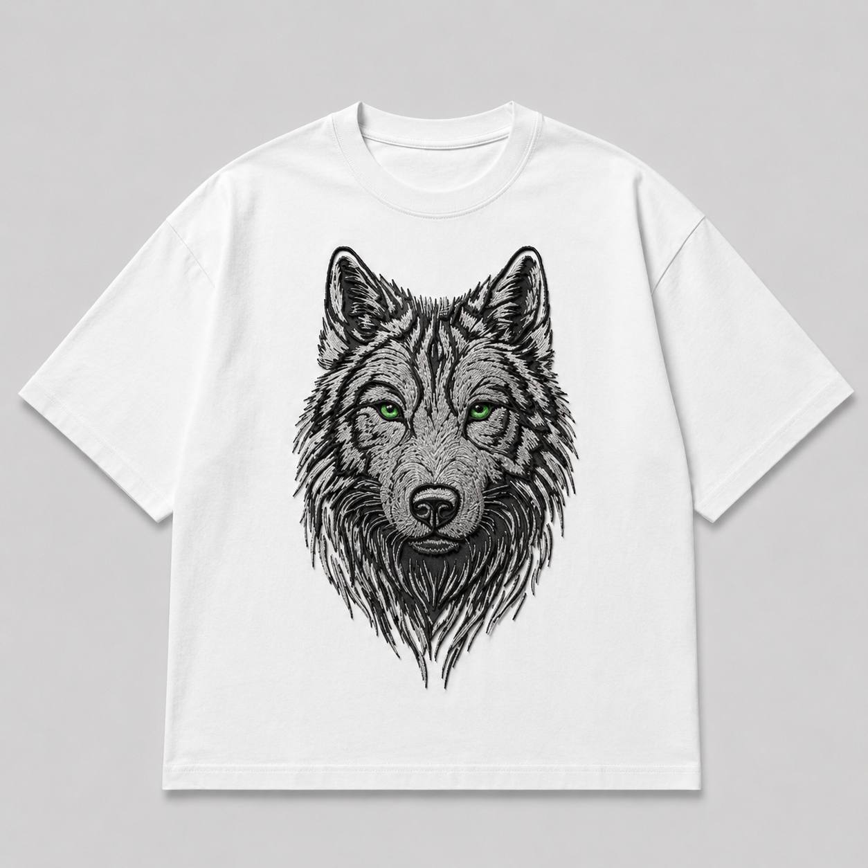 Zellee Premium Green-Eyed Wolf Embroidered Oversized White T-Shirt