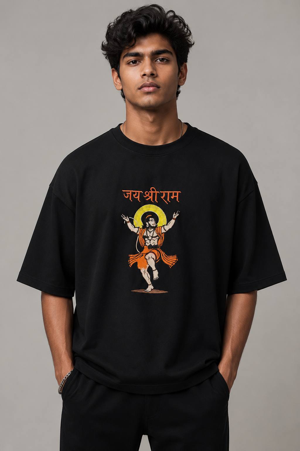 Zellee Premium Oversized Black Embroidered T-Shirt | Jai Shree Ram Lord Hanuman Design | Streetwear Cotton Tee for Men