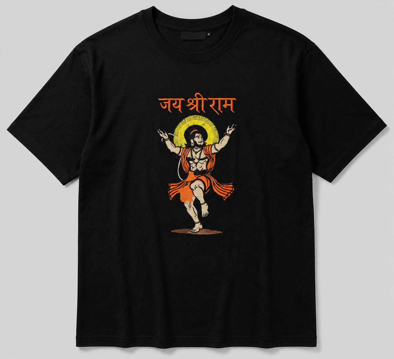 Zellee Premium Oversized Black Embroidered T-Shirt | Jai Shree Ram Lord Hanuman Design | Streetwear Cotton Tee for Men