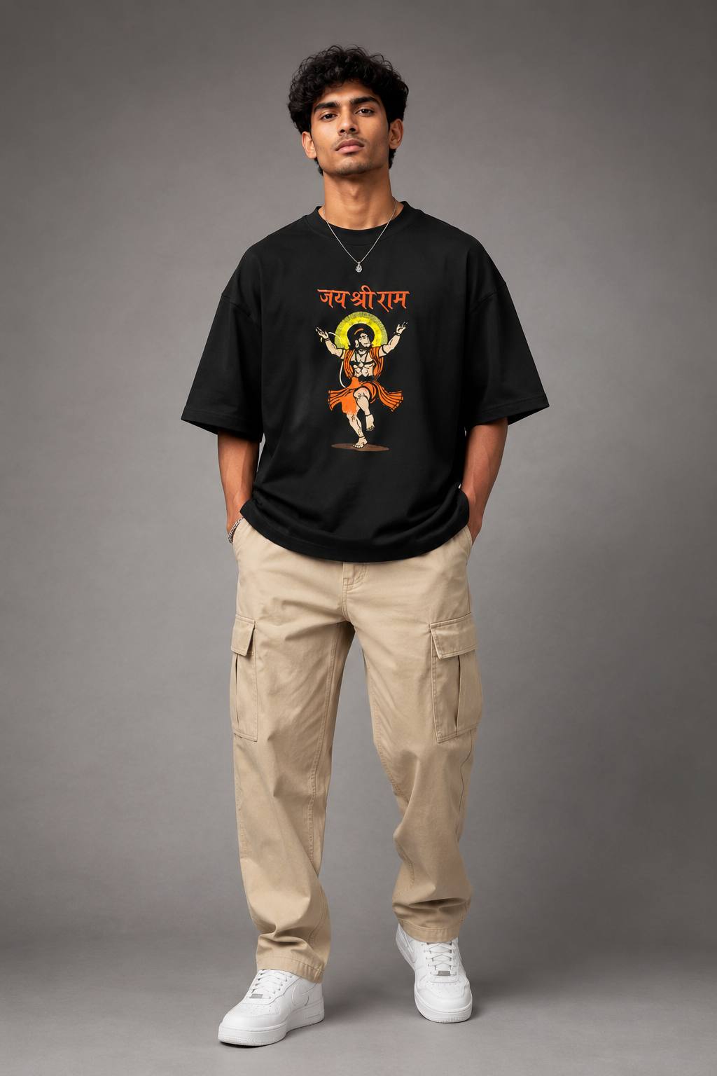 Zellee Premium Oversized Black Embroidered T-Shirt | Jai Shree Ram Lord Hanuman Design | Streetwear Cotton Tee for Men