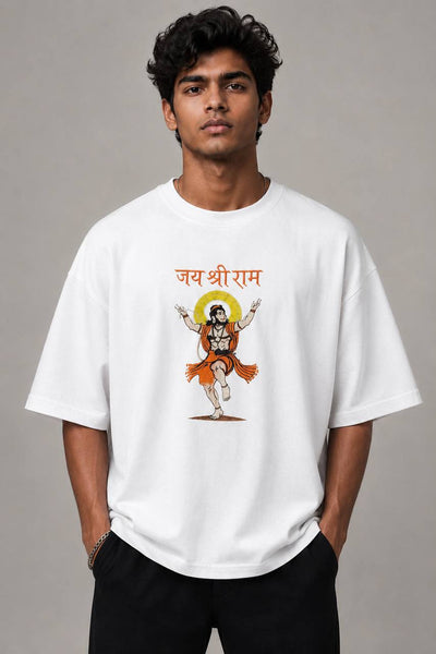 Zellee Premium Oversized Brown Embroidered T-Shirt | Jai Shree Ram Lord Hanuman Design | Streetwear Cotton Tee for Men