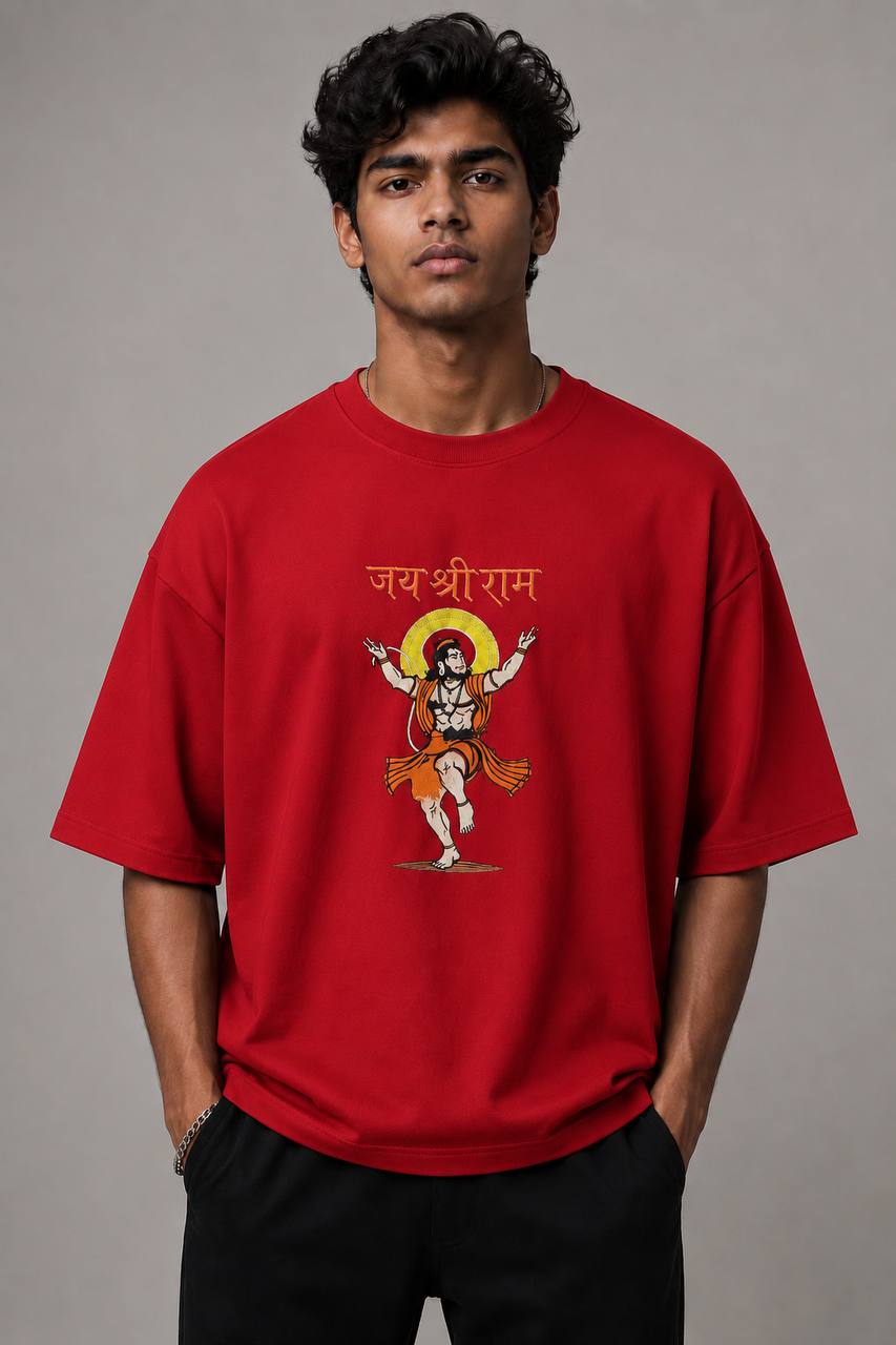 Zellee Premium Oversized Black Embroidered T-Shirt | Jai Shree Ram Lord Hanuman Design | Streetwear Cotton Tee for Men