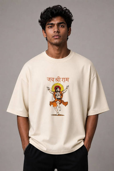 Zellee Premium Oversized Black Embroidered T-Shirt | Jai Shree Ram Lord Hanuman Design | Streetwear Cotton Tee for Men