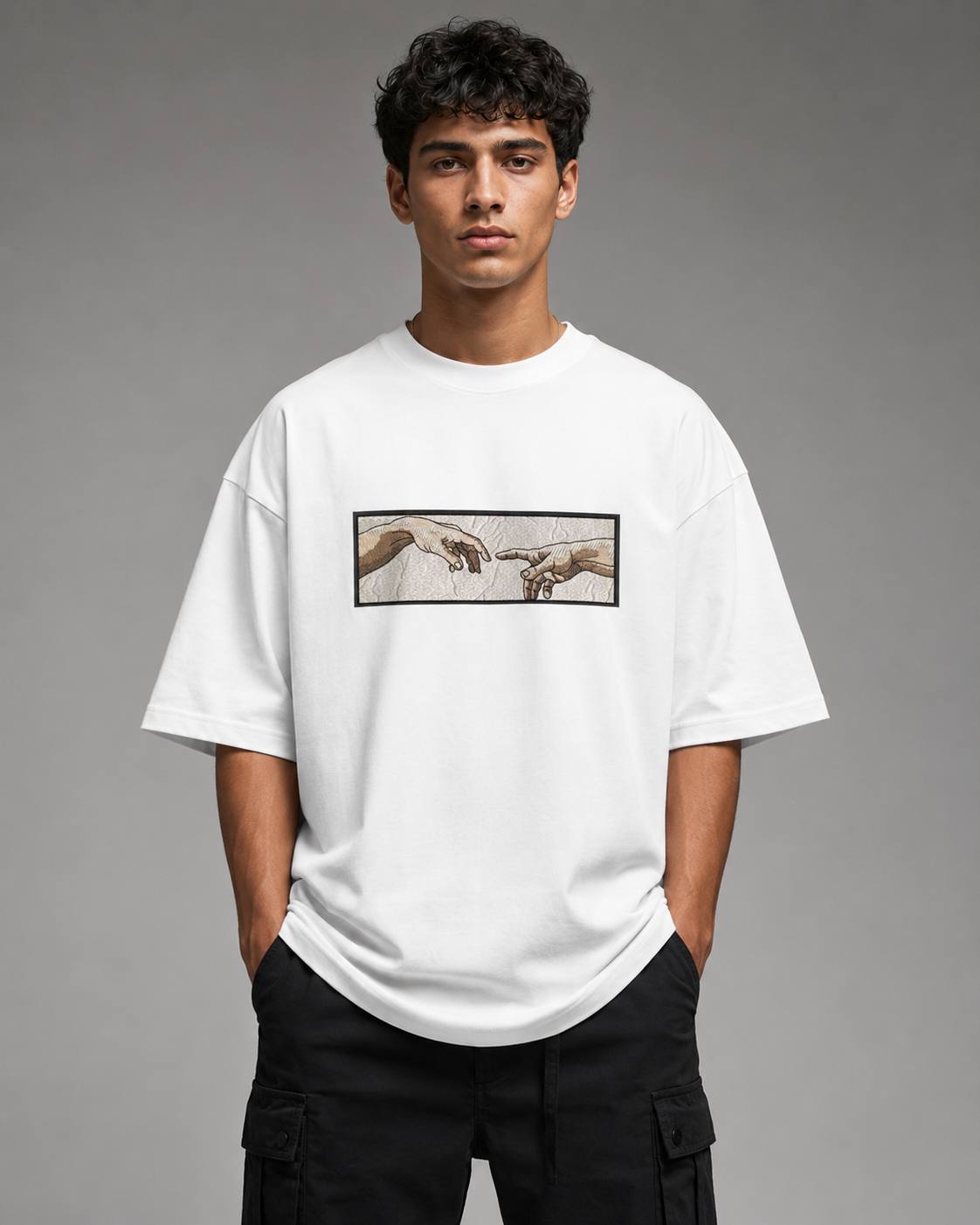 Zellee The Creation of Adam Embroidered Oversized T-Shirt - White