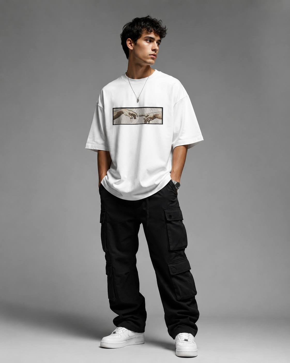 Zellee The Creation of Adam Embroidered Oversized T-Shirt - Blue