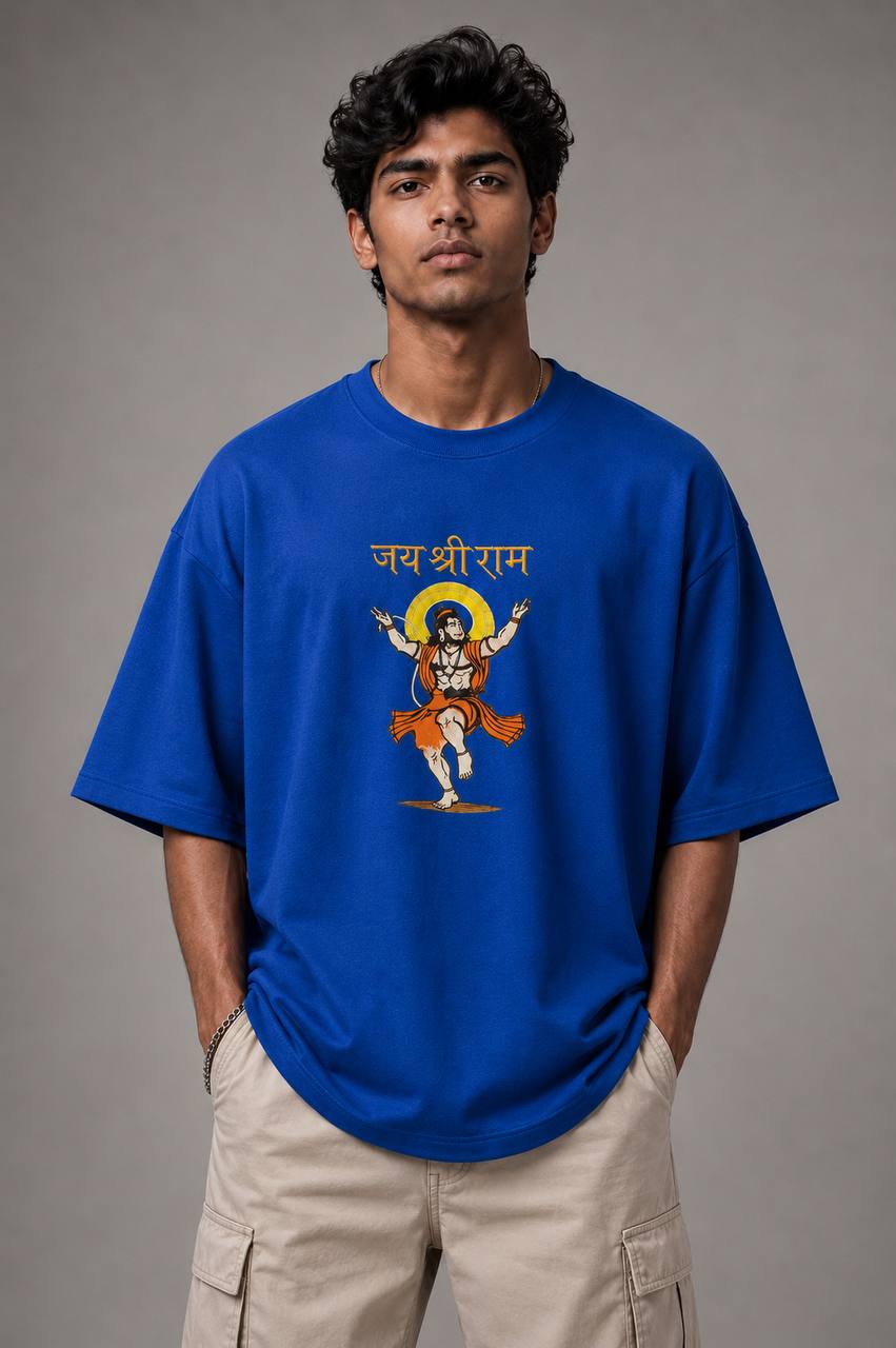 Zellee Premium Oversized Black Embroidered T-Shirt | Jai Shree Ram Lord Hanuman Design | Streetwear Cotton Tee for Men