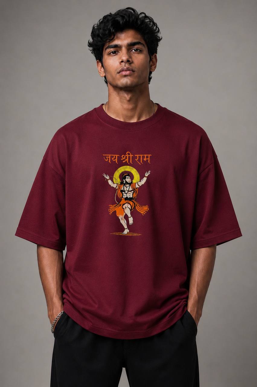 Zellee Premium Oversized Brown Embroidered T-Shirt | Jai Shree Ram Lord Hanuman Design | Streetwear Cotton Tee for Men