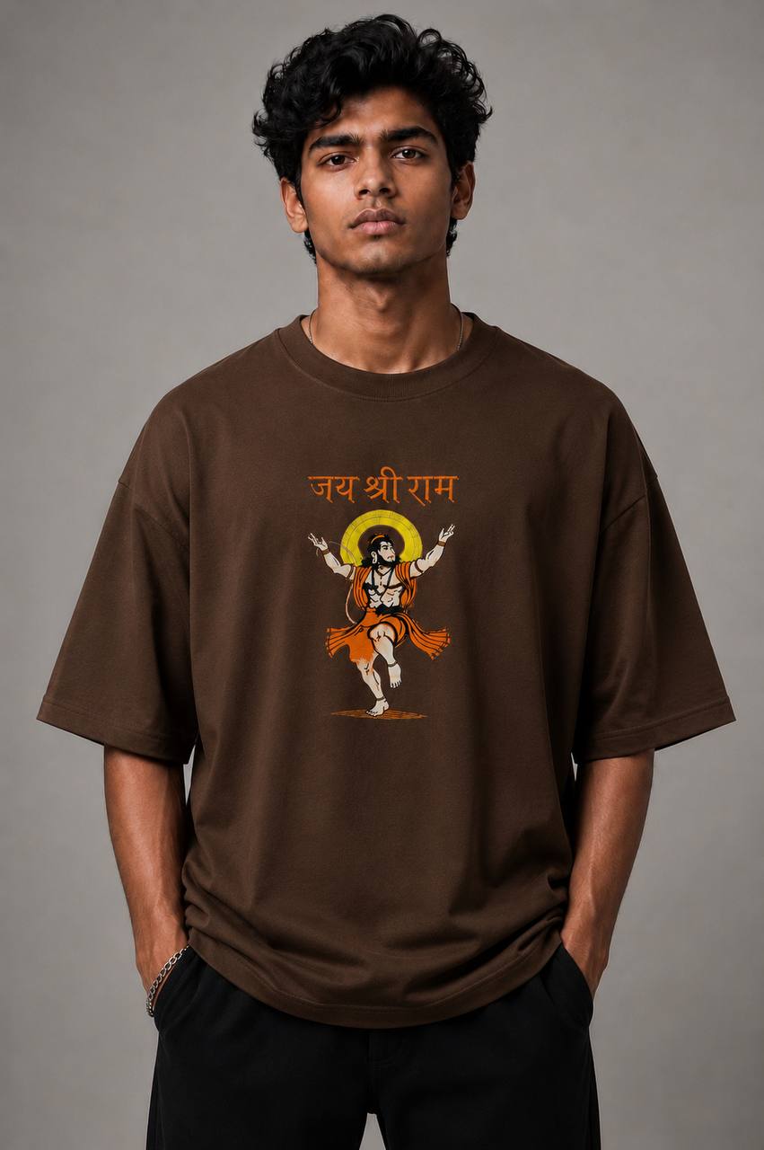 Zellee Premium Oversized Brown Embroidered T-Shirt | Jai Shree Ram Lord Hanuman Design | Streetwear Cotton Tee for Men