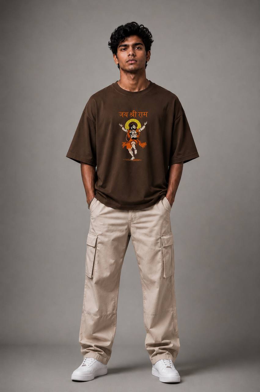Zellee Premium Oversized Brown Embroidered T-Shirt | Jai Shree Ram Lord Hanuman Design | Streetwear Cotton Tee for Men