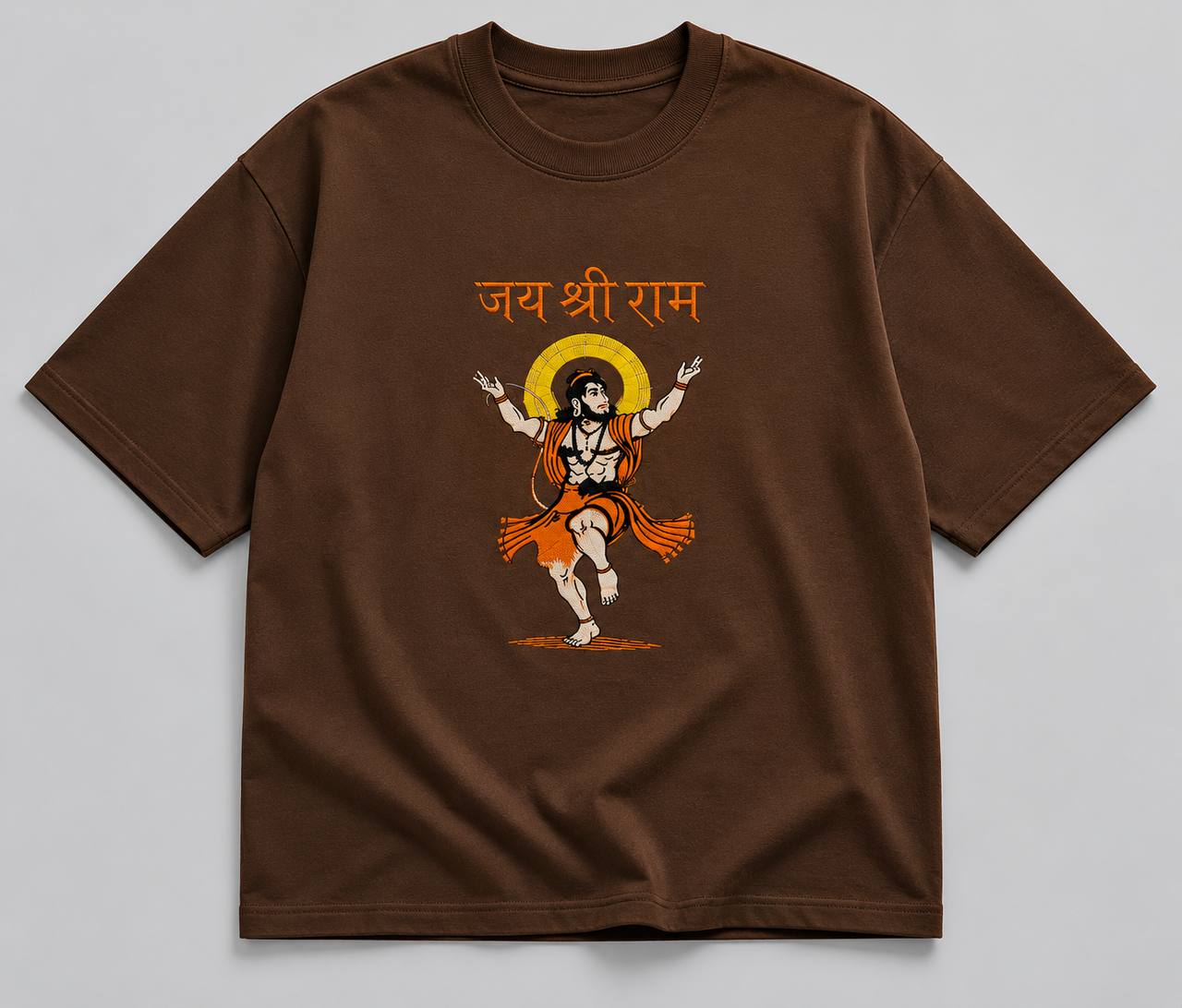 Zellee Premium Oversized Brown Embroidered T-Shirt | Jai Shree Ram Lord Hanuman Design | Streetwear Cotton Tee for Men