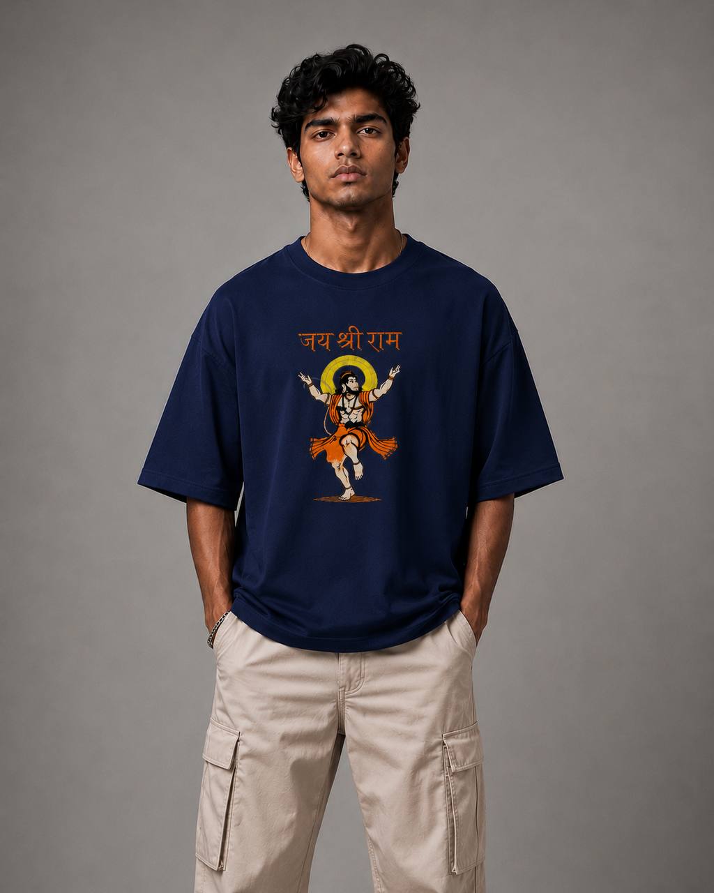 Zellee Premium Oversized Brown Embroidered T-Shirt | Jai Shree Ram Lord Hanuman Design | Streetwear Cotton Tee for Men